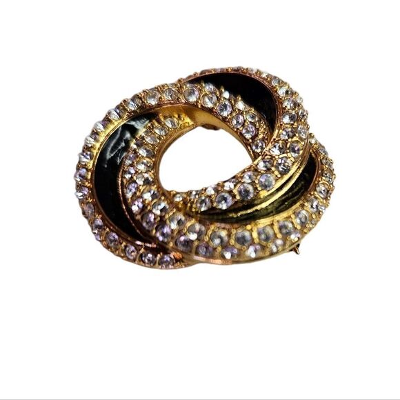 Swarovski Signed Gold Tone Clear Rhinestone Black Enamel Love Knot Brooch Pin - Picture 2 of 5